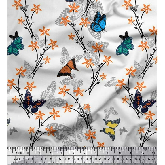 Soimoi White Cotton Jersey Fabric Flower & Butterfly Decor Fabric Printed BTY 58 Inch Wide