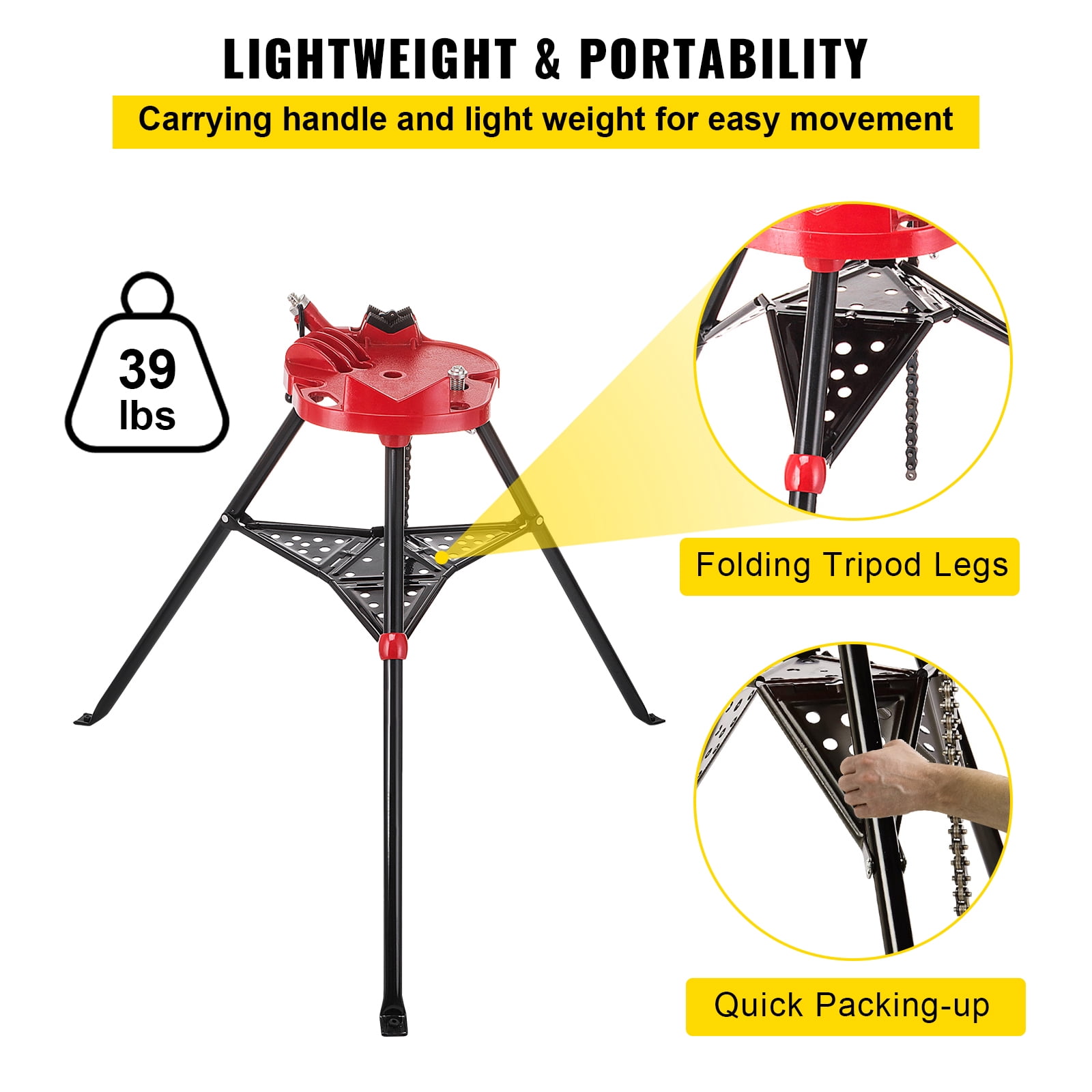 KFFKFF 460-6 Tripod Pipe Chain Clamp with 1/8"-6" Range, Portable Folding Steel Legs, Pipe Support Stands Including Tool Tray, Perfect for Various Pipe Substances