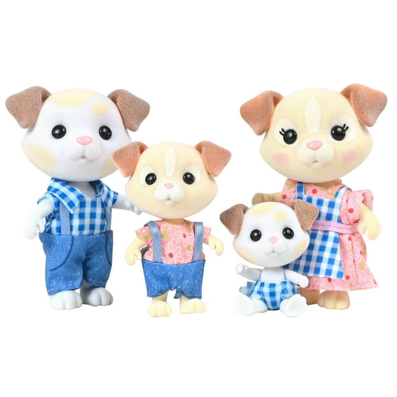 Honey Bee Acres Barksters Dog Family – Includes 4 Miniature Flocked Animal Figures with Removable Outfits – Dollhouse Toy Set for Kids Ages 3