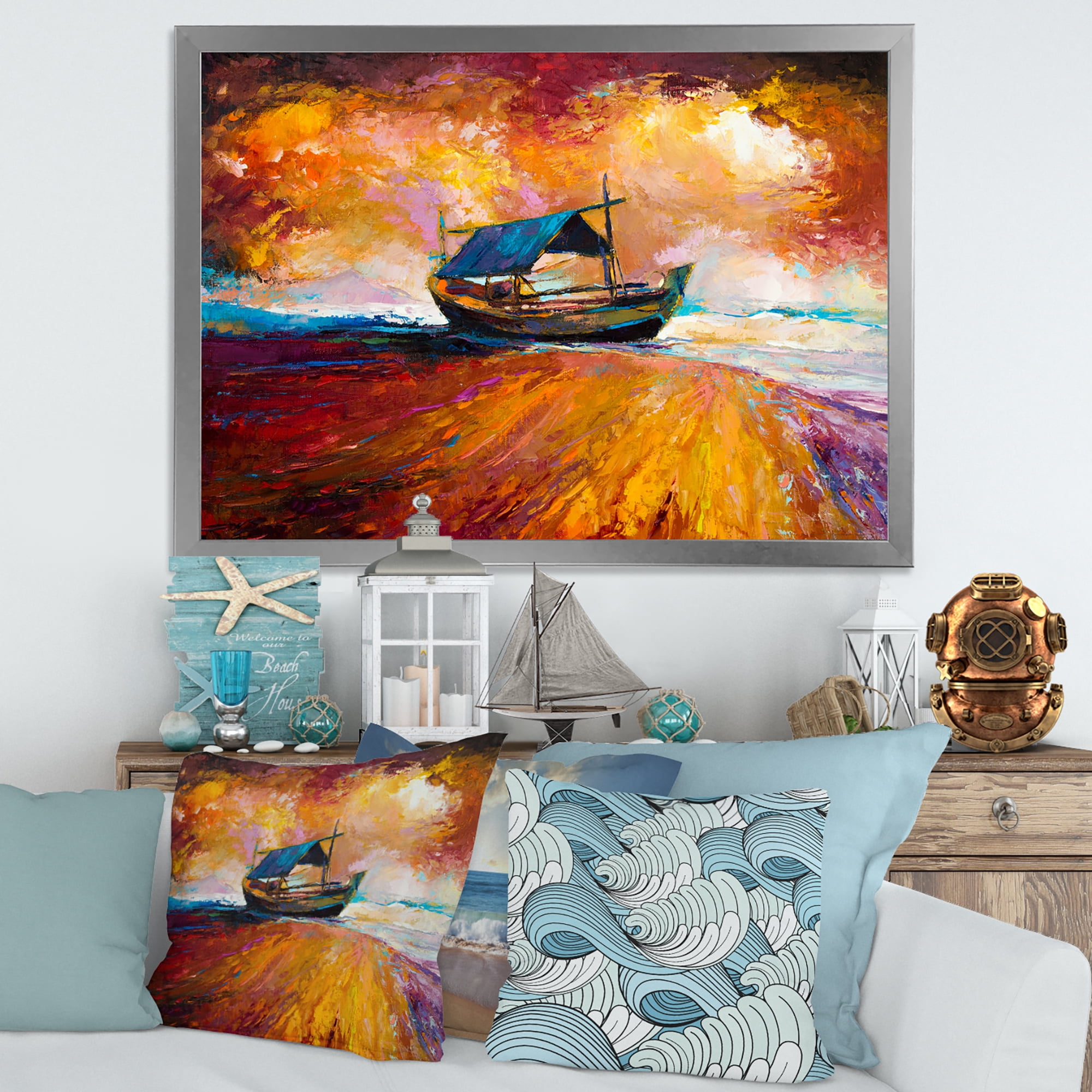 Traditional Fisher boat During Ocean Evening Glow 40 in x 30 in Framed Painting Canvas Art Print, by Designart