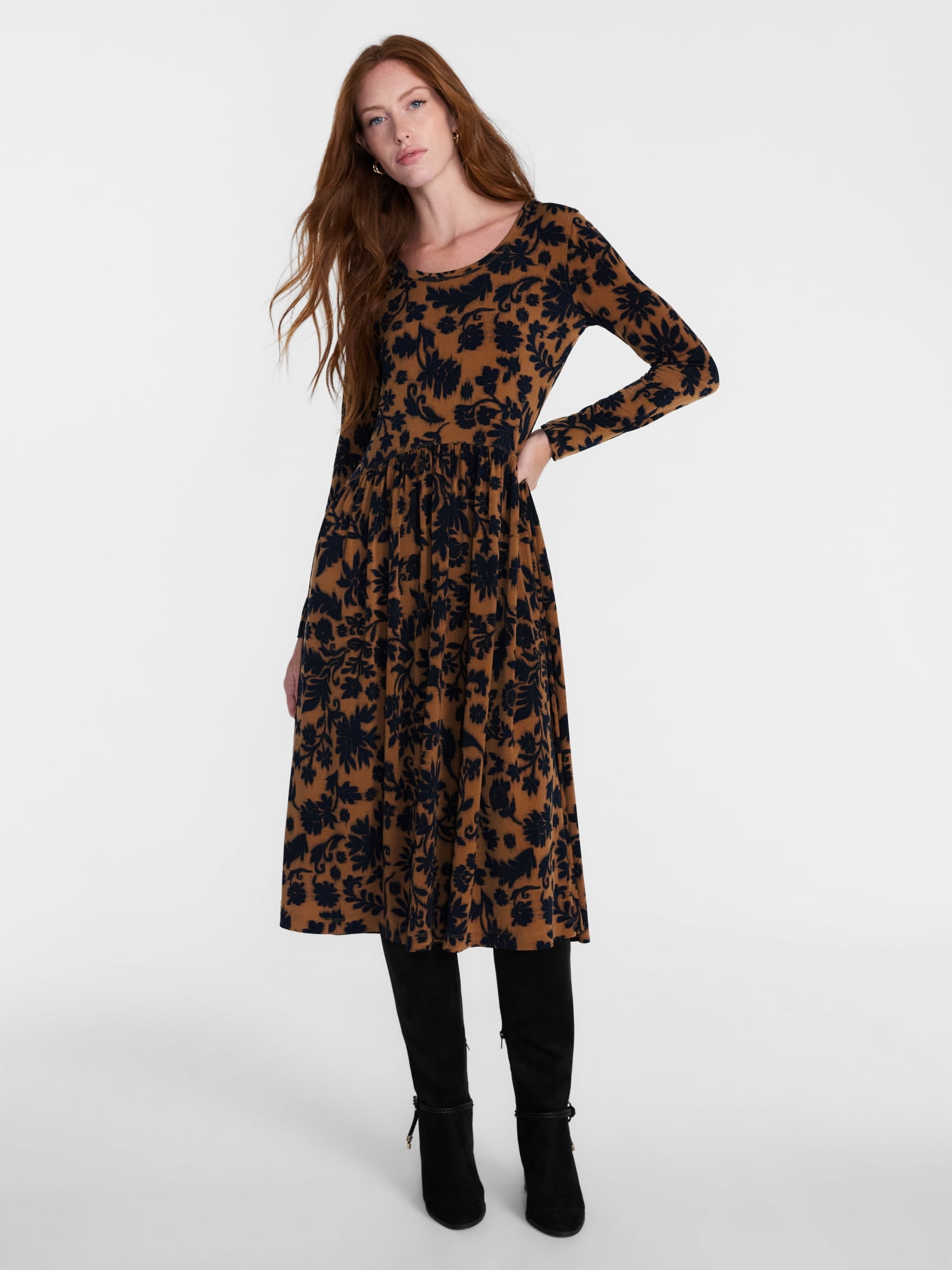 Scenario Women's Scoop Neck Midi Dress with Long Sleeves, Sizes XS-XXXL