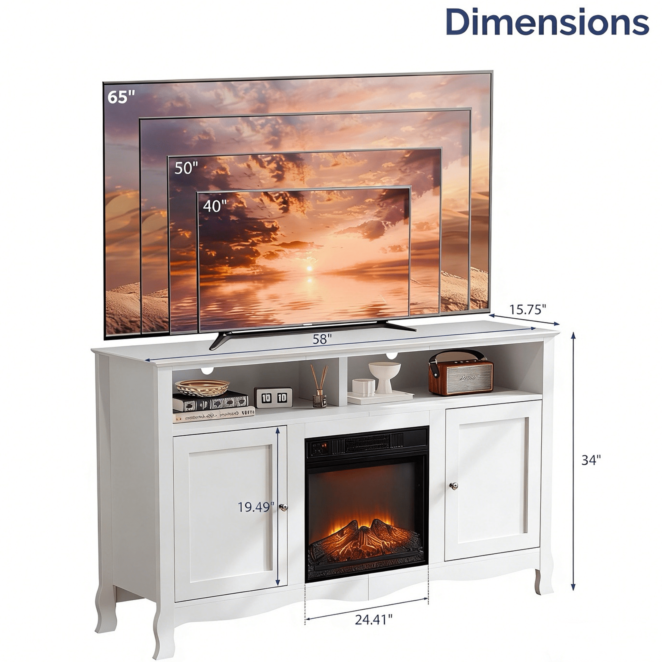 SESSLIFE Fireplace TV Stand for 65 Inch TV, TV Console with 18''Electric Fireplace, Console Entertainment Center Television Table for Living Room or Bedroom, White