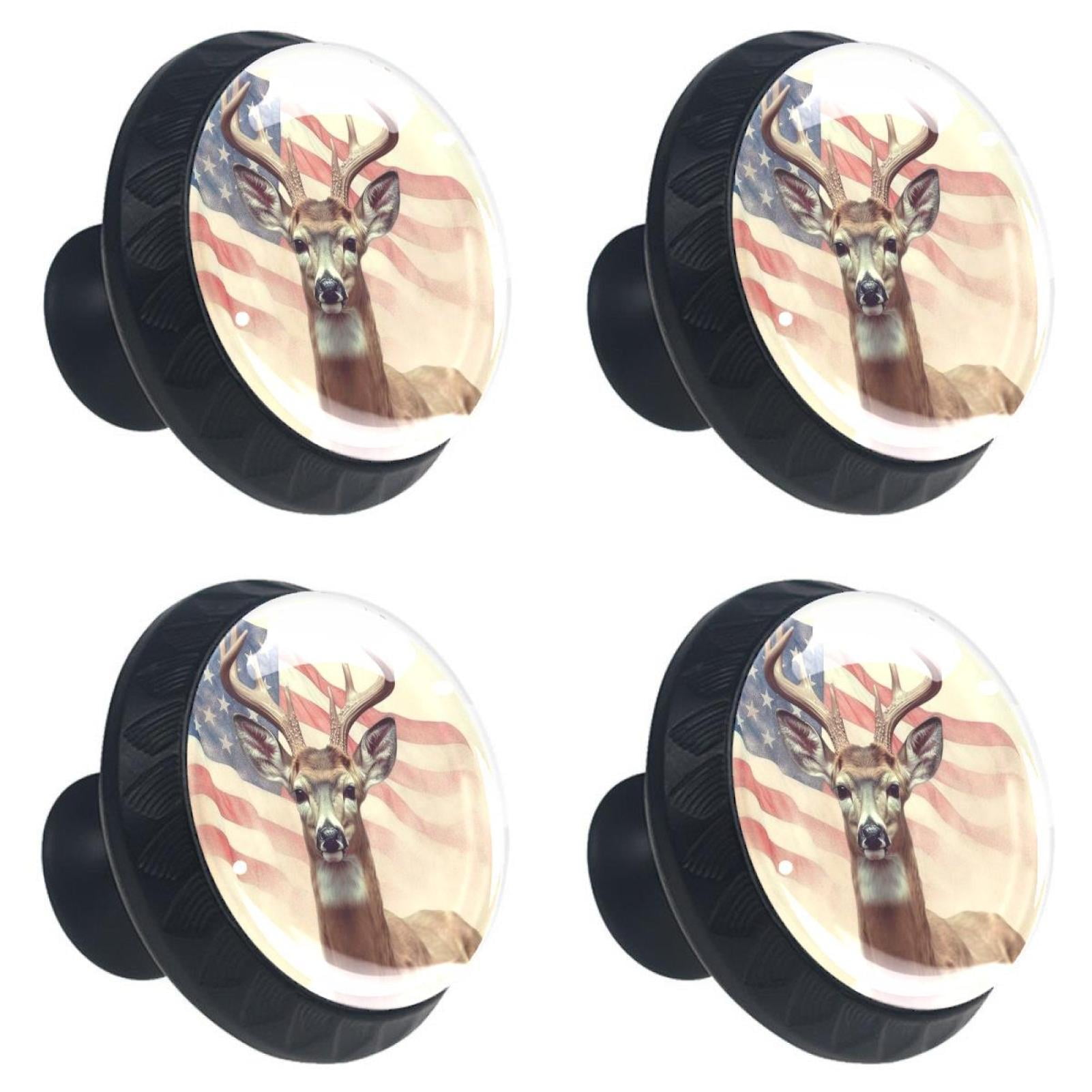 4 Pcs Deer and American Flag Knobs for Kitchen Cabinet Cupboard Dresser Bookcase Drawer Pulls Handles Round Home Decor