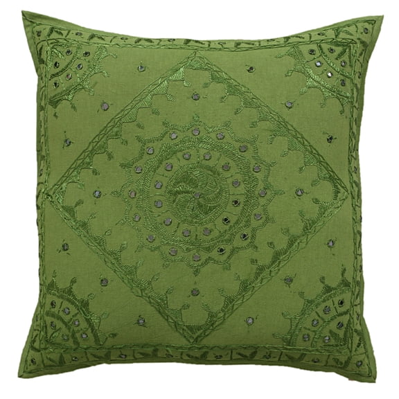 Stylo Culture Ethnic Couch Throw Pillow Cover 24x24 Large Hand Embroidered Parrot Green Boho 60cm x 60cm Home Decor Cotton Mirrored Square Cushion Cover | 1 Pc