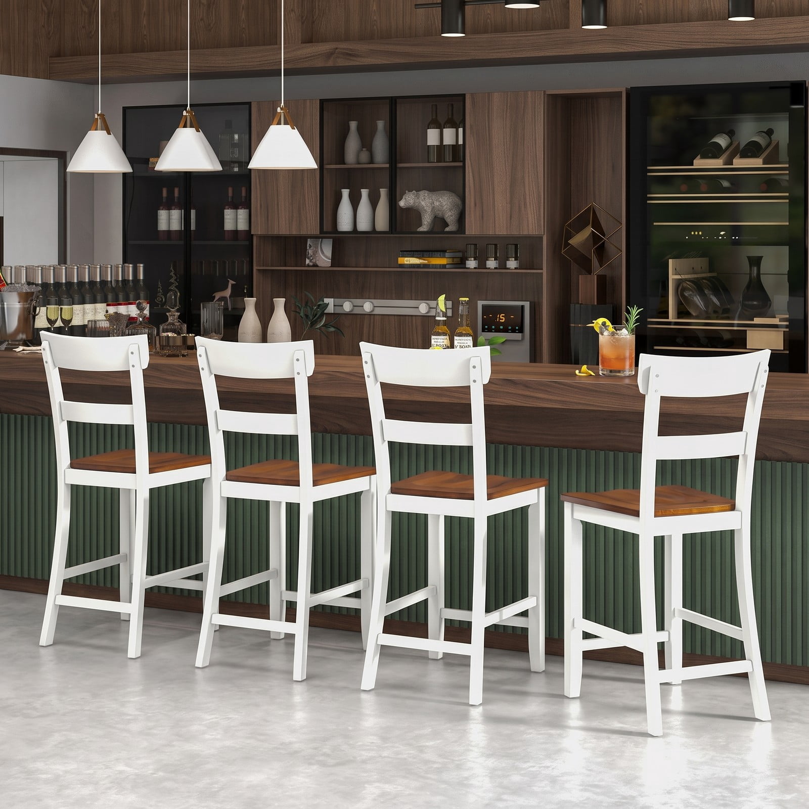 Furnibear Farmhouse Bar Stool Set of 2, 24.5 Inch Counter Height Stools with Solid Rubber Wood Frame, Curved Backrest and Footrest, Armless Dining Barstools for, White