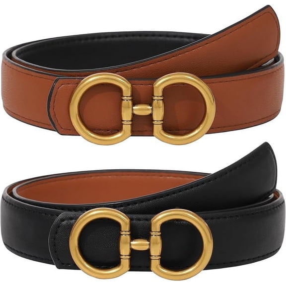AWAYTR Women Reversible Belt - Two-in-One Women Leather Belt for Casual Jeans with Golden Buckle