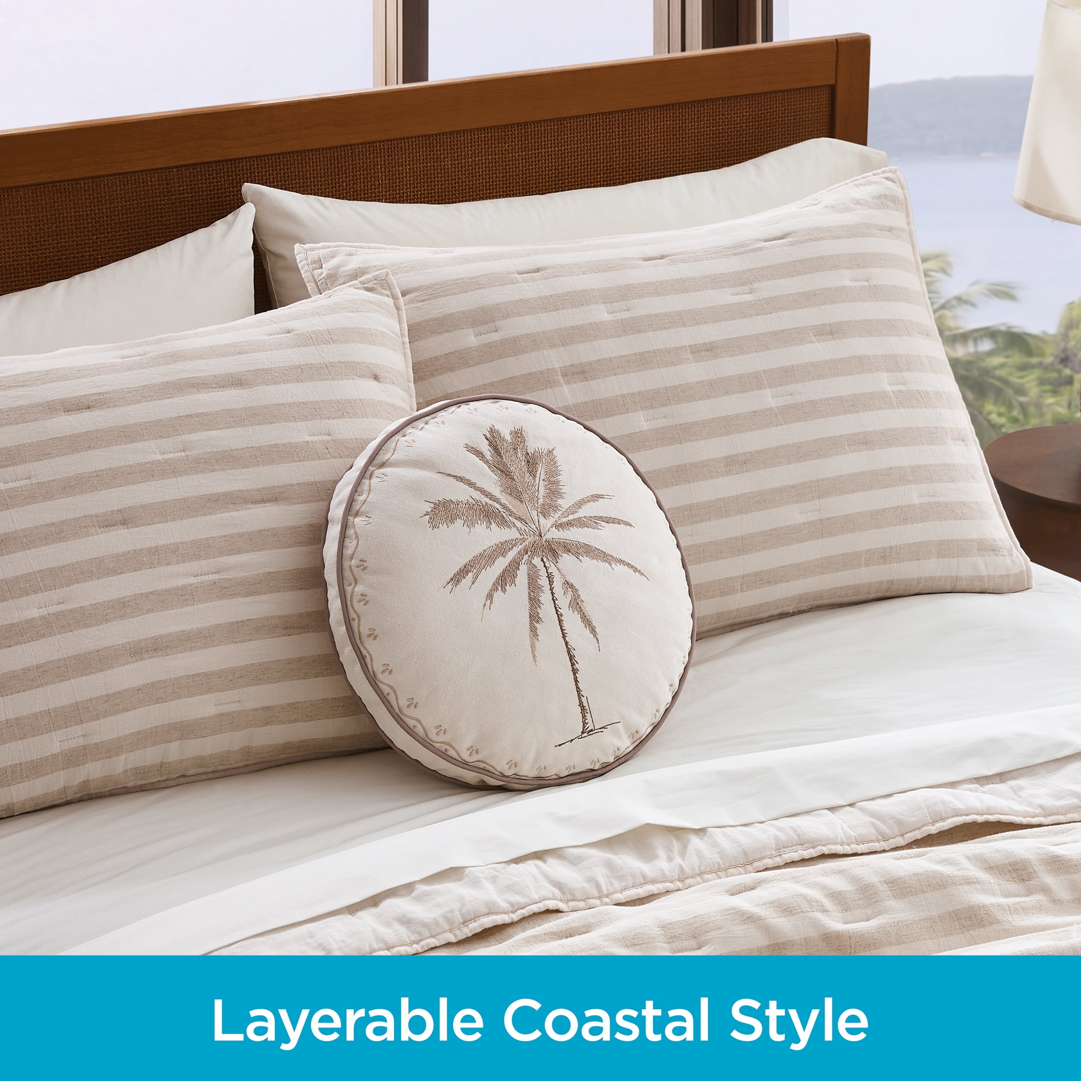 Coastal Living 16" Round White Palm Tree 50% Cotton/50% Polyester Decorative Throw Pillow for Couch or Bed