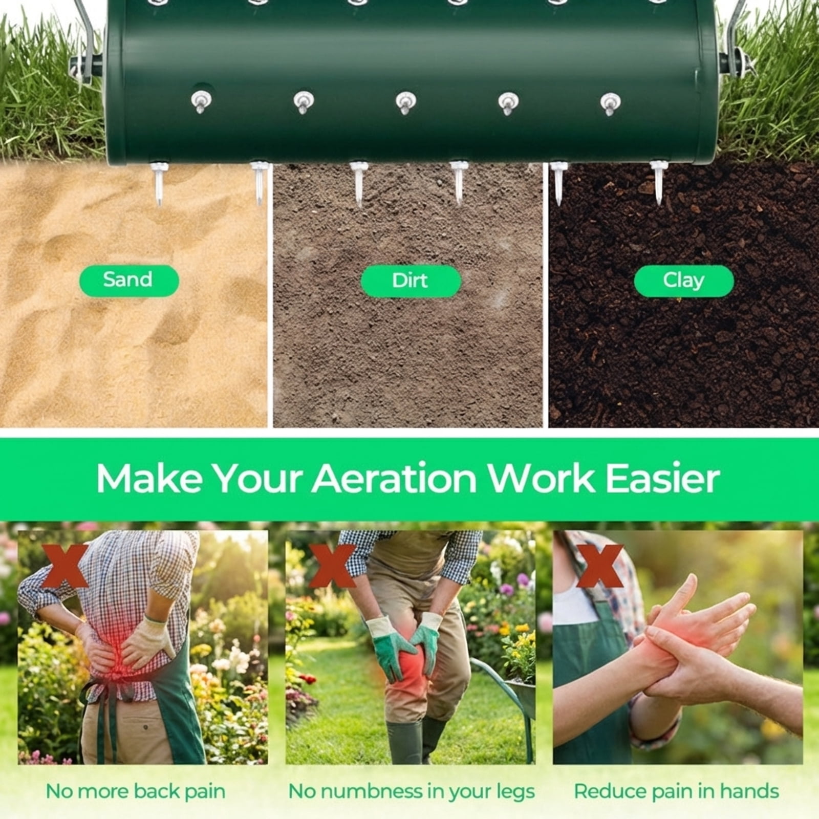 Biotree 18/21 Inch Manual Lawn Aerator with Detachable Handle Filled with Sand or Stone-21 inches Green