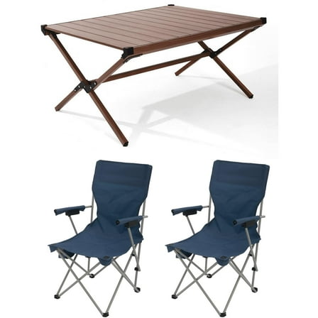 Ozark Trail Roll Top Aluminum Table and Hard Arm Chairs