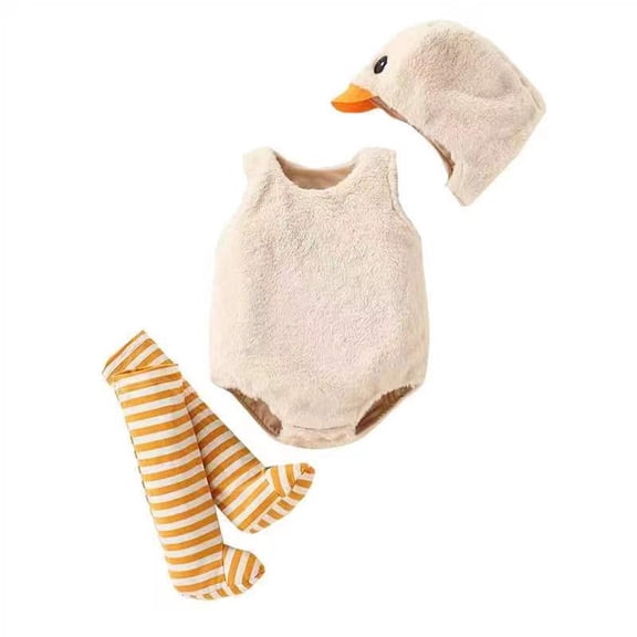 WOYY Newborn Girls Cute Duck Outfits Plush Sleeveless Bodysuit Stockings Hat Set, Sizes 6-12M