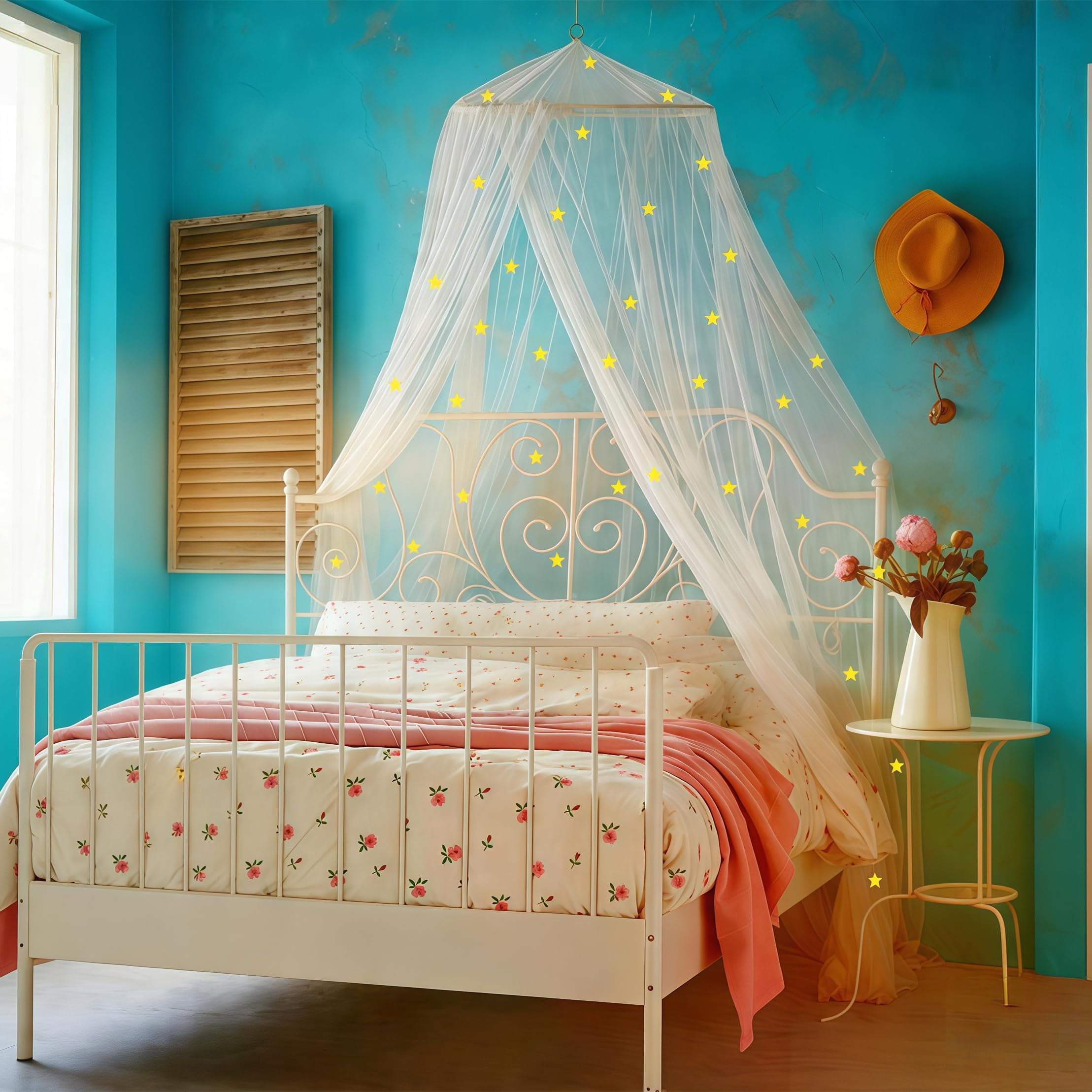 Girls Bed Canopy Mosquito Net Princess Canopy for Bedroom Decor Insect Protection Hanging Canopy Pink Glow in the Dark Stars