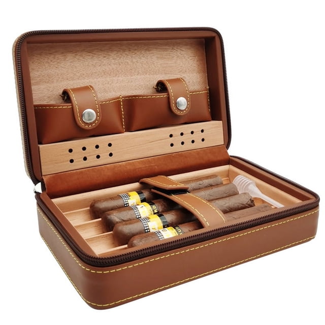 Estuche para puros de cuero de viaje de 4 quilates, tapa de madera de cedro y madera de cedro forrada (marrón) Excelente Rendimiento ER009738WZ