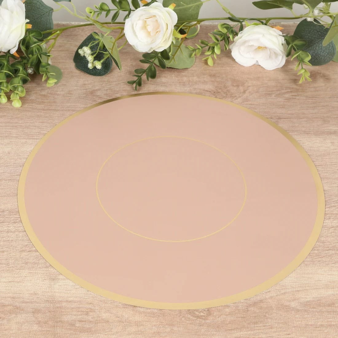 50 Dusty Rose Disposable 13 in Round Cardboard Paper Table Placemats with Gold Rim