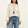 thumbnail image 5 of Edvintorg Pullover Sweaters for Women Solid Color Crew Neck Cropped Sweater Long Sleeve Loose Pullover Top Clothes Women Beige M, 5 of 6