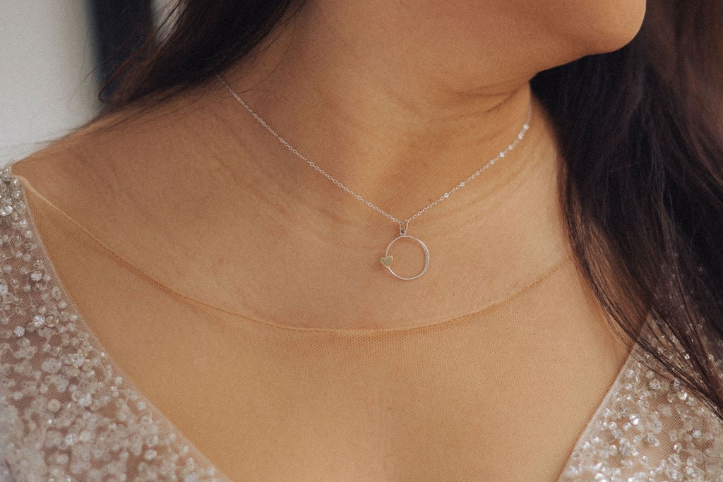 Daughter In Law Necklace. 925 Sterling Silver Circle with Bronze Heart on 18 Inch Chain. Wedding Gift from Mother in Law.