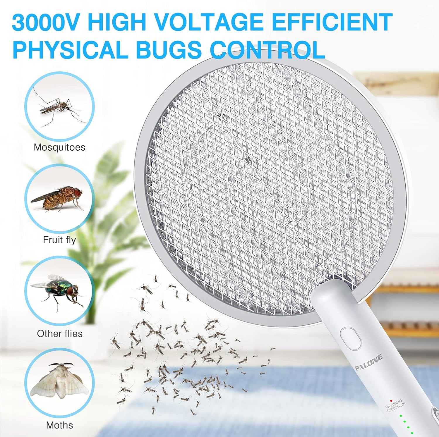 PALONE Electric Fly Swatter 3000V Bug Zapper Racket 2 in 1 Fly Swatter with 1200mAh Battery Rechargeable Mosquito Killer Lamp with 3 Layers Safety Mesh for Indoor and Outdoor