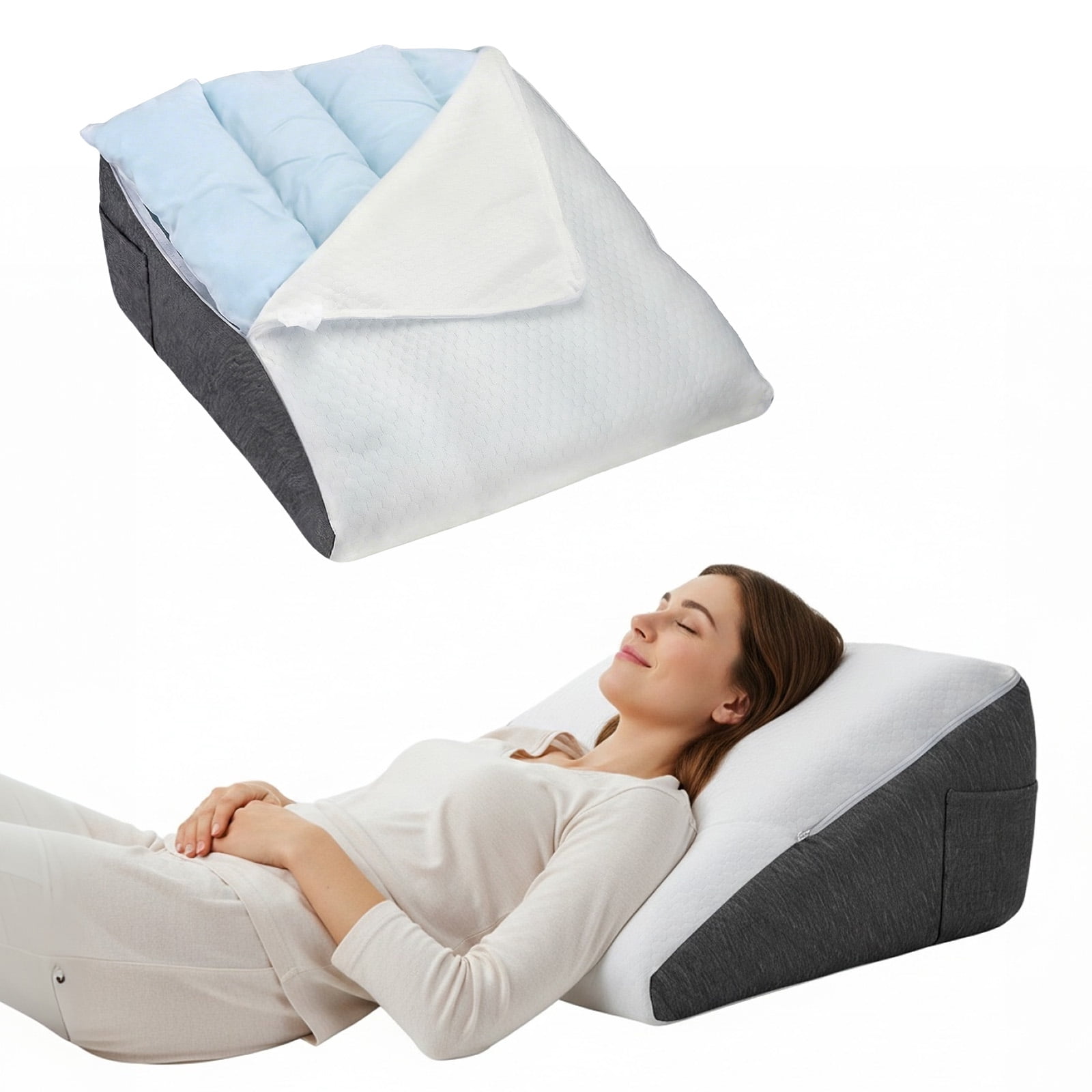 AMTPM Bed Wedge Pillow, Double Layer Memory Foam Wedge Pillow with Detachable Roll Pillow, Washable Cover & Side Pocket for Reading Relaxing