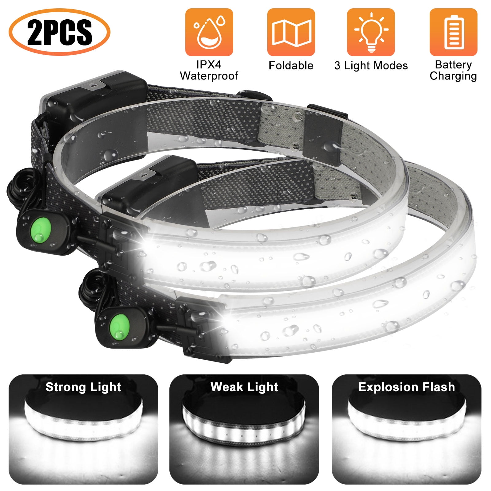 TSV 2/1Pcs Wide Beam LED Headlamp, Waterproof Headlamp, Lightweight