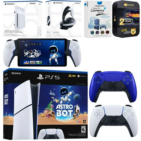 Sony PlayStation 5 Astro Bot Slim Digital Bundle with Disc Drive, Pulse Elite Headset, Extra Controller, PlayStation Portal, MightySkins Voucher and 2 Year Extended Warranty - Cobalt Blue