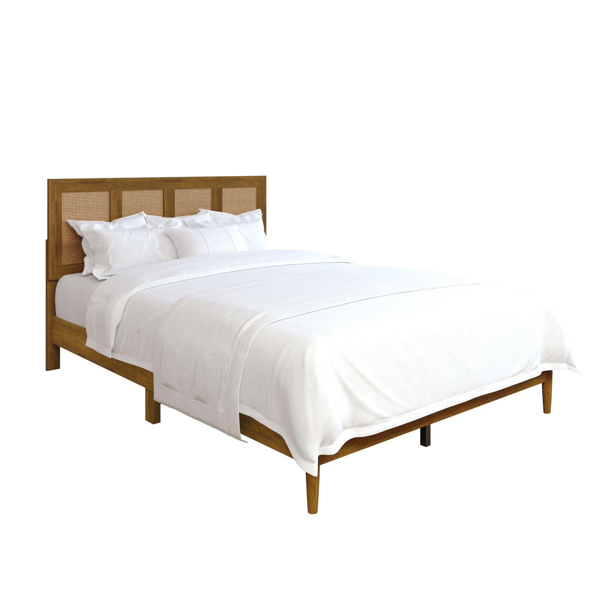 Home Design Skokie Queen Platform Bed Frame with Rattan-Embellished Headboard and Full Slat System, Brown, Easy Assembly