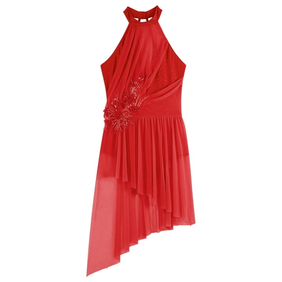 Aislor Women's Lyrical Dance Flower Applique Halter Strappy Asymmetric Flowy Tulle Skirt Contemporary Dress Red XXL