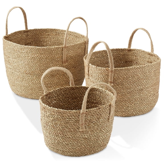 Casafield (Set of 3) Braided Seagrass Basket Planters, Natural Woven Storage Bins for Boho Home Decor, Indoor Plant Pot Covers