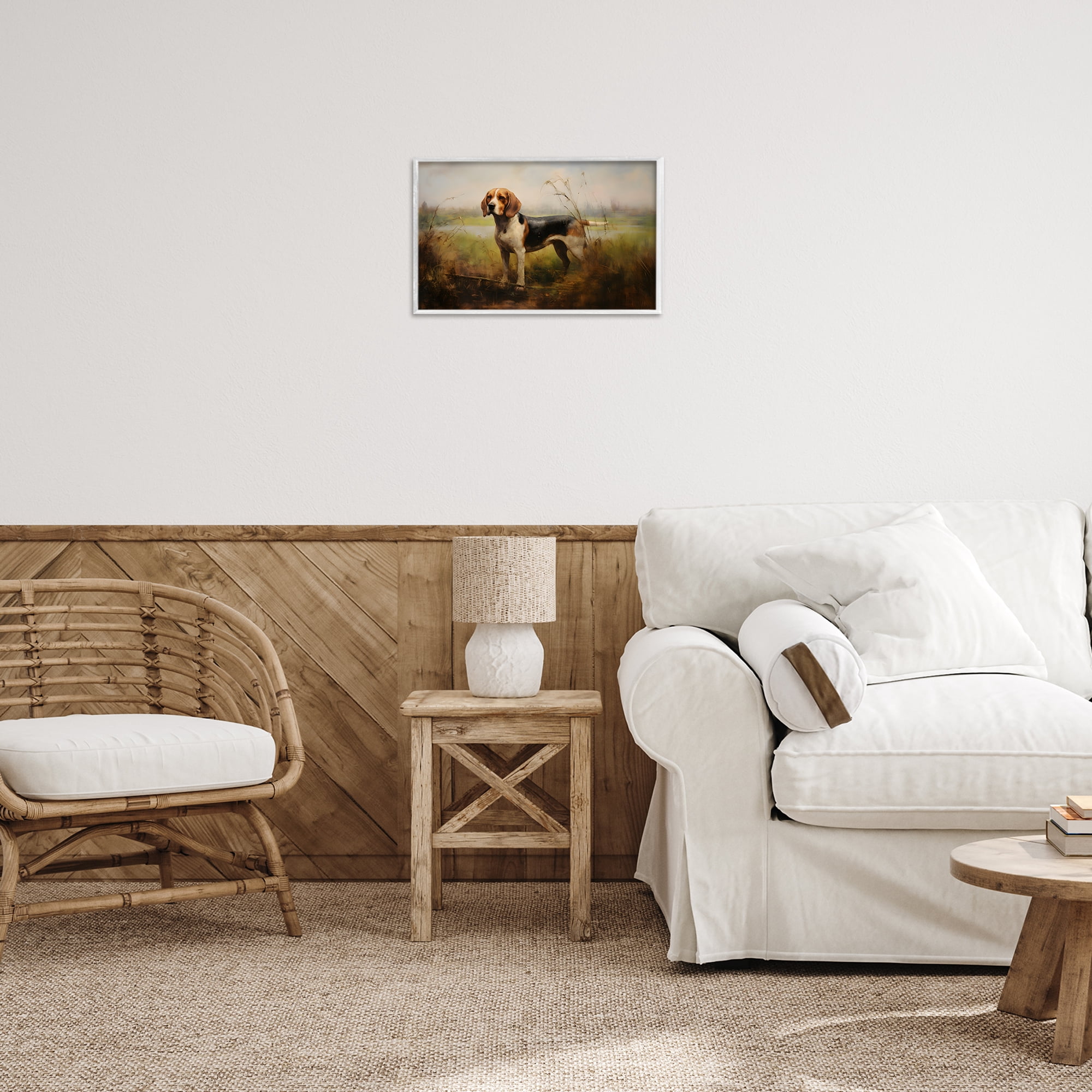 Stupell Industries Beagle Dog Rural Field Landscape Painting White Framed Art Print Wall Art, 18 x 12