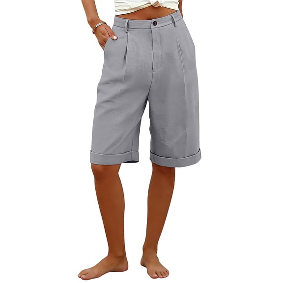 Garbnen Linen Shorts for Women with Pockets Button Womens Bermuda Shorts Breathable Vacation Travel Beach Summer Shorts Women