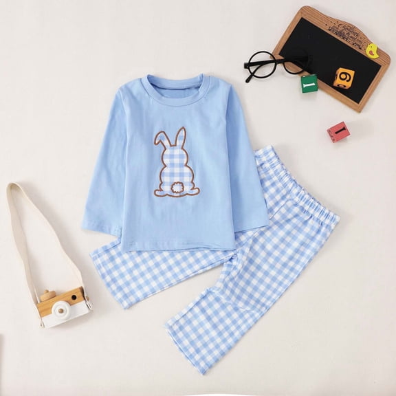 FASHOFT Toddler Boys Easter Outfit Sets Long Sleeve Carrot Prints Pullover Tops and Pants 2 Piece Sumemr Outfits Blue 3-6 Months