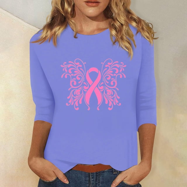 Jsaierl Hauts de Sensibilisation pour Femmes T-Shirts Graphiques Ruban Rose T-Shirts de Cancer du Sein T-Shirts Décontractés Manches 3/4 Col Rond Chandail T-Shirts Inspirants