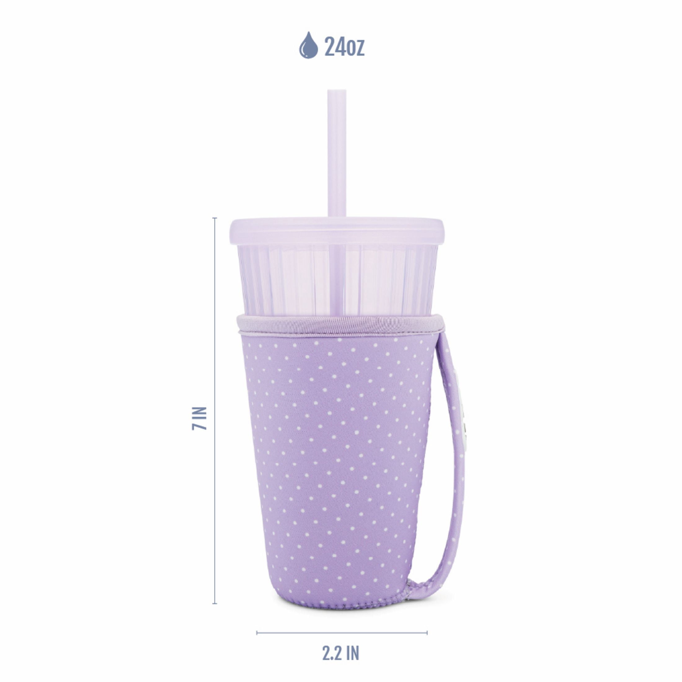 Ello Iced Coffee Cooler, 24oz Reusable Coffee Tumbler with Straw Lid and Neoprene Sleeve, Car Cup Friendly, BPA-Free, Purple Polka Dot