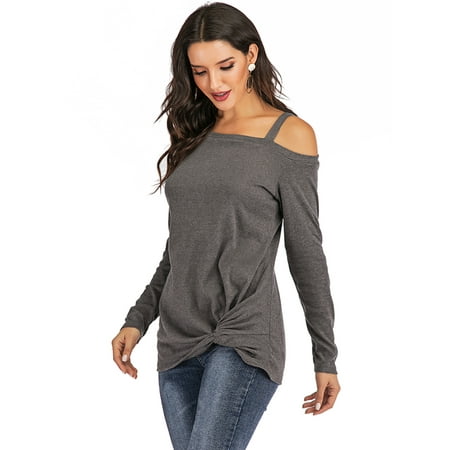 LELINTA Women Cold Shoulder Long Sleeve Solid Color Tops Blouse T-Shirt, Grey