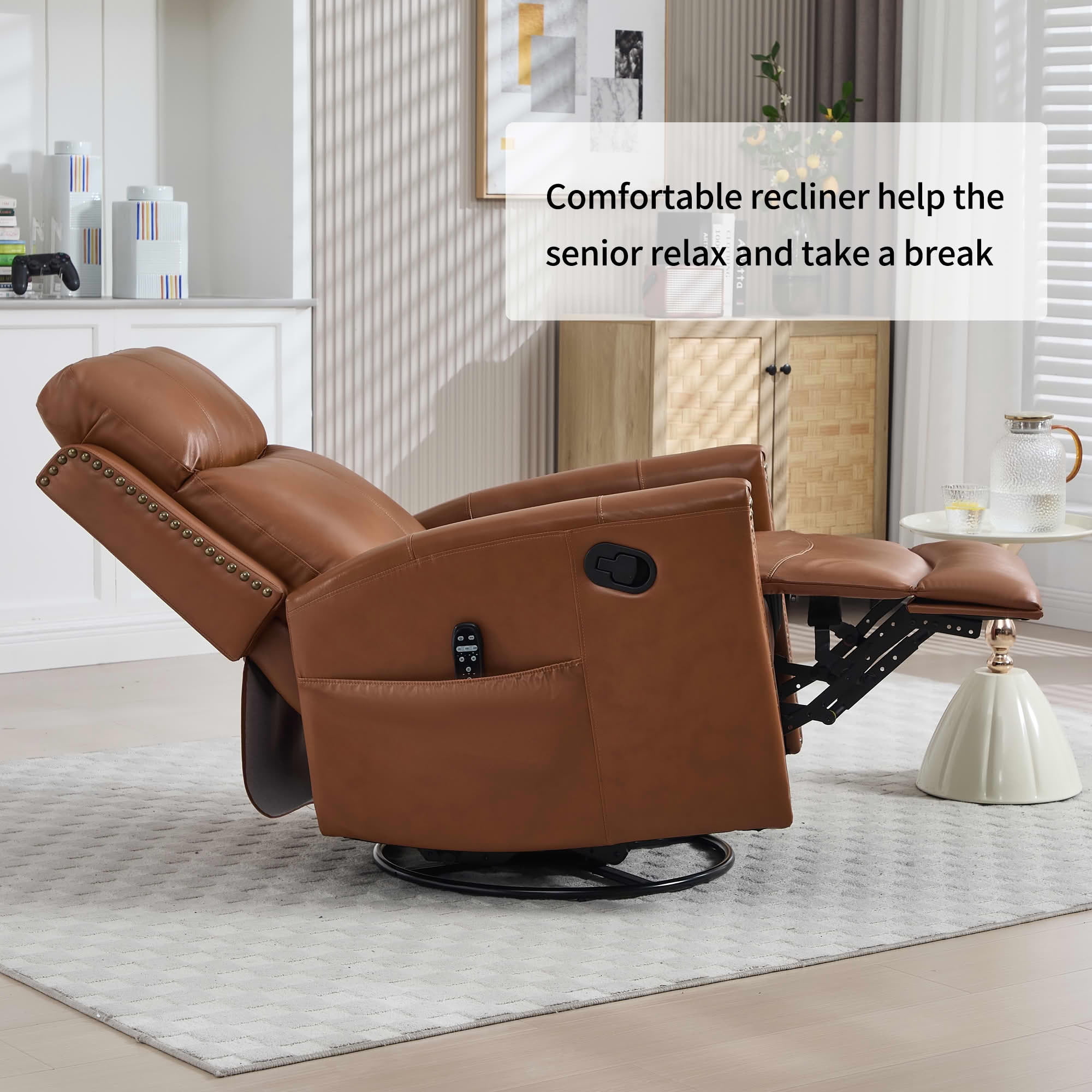 MAYEERTY Deep Yellow Genuine Leather Manual Recliner, 360° Swivel Rocker Heat Massage 31"x38"x42" for Living Room