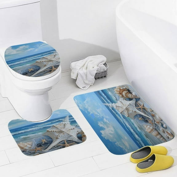 Beach Seashell Starfish 3 Pieces Bath Mats Set, Non-Slip Washable Cover Floor Rug Decorations for Kitchen Bathroom Bedroom
