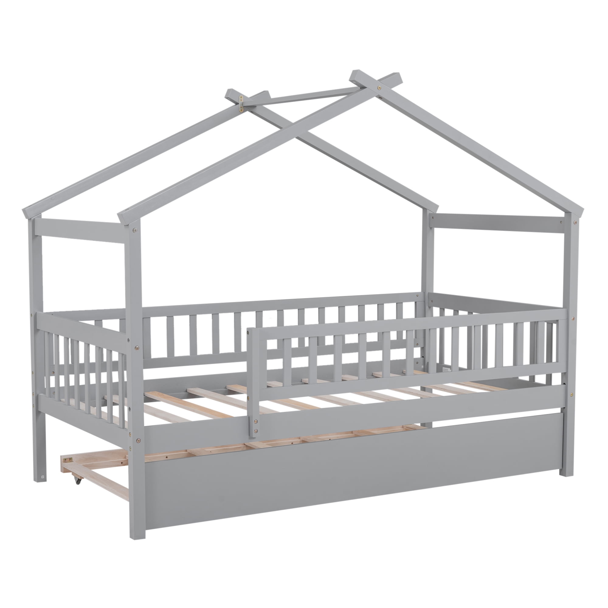 Bellemave Twin Size House Bed with Trundle Playhouse Platform Bed Wooden House-shaped Bed Frame with Fence Guardrail and Roof Tent Beds for Teens (Gray, Twin Size)