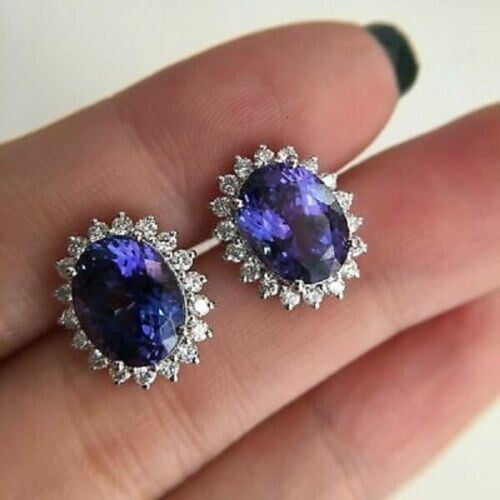 Radiant Jewelry Blue Tanzanite & CZ Diamond 4Ct Oval Halo Stud Earrings for Women 14K White Gold Plated