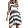 thumbnail image 2 of Camisas de Vestido Casual para las Mujeres sin Mangas Cuello Redondo Raya Impresión Suelta Transpirable Rodilla Alta Vestido de Ropa Exterior, 2 of 7
