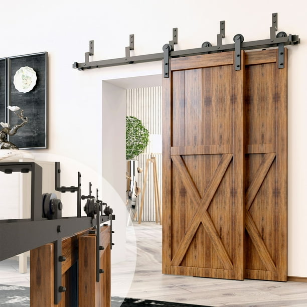 Homacer Black Rustic Double Track Z Shape Bypass Sliding Barn Door Hardware Kit For Two Doors 16ft Long Flat Straight Design Roller Heavy Duty Interior Exterior Use Com Double Doors 16ft Long Flat Track, Exterior Sliding Door Hardware Kits