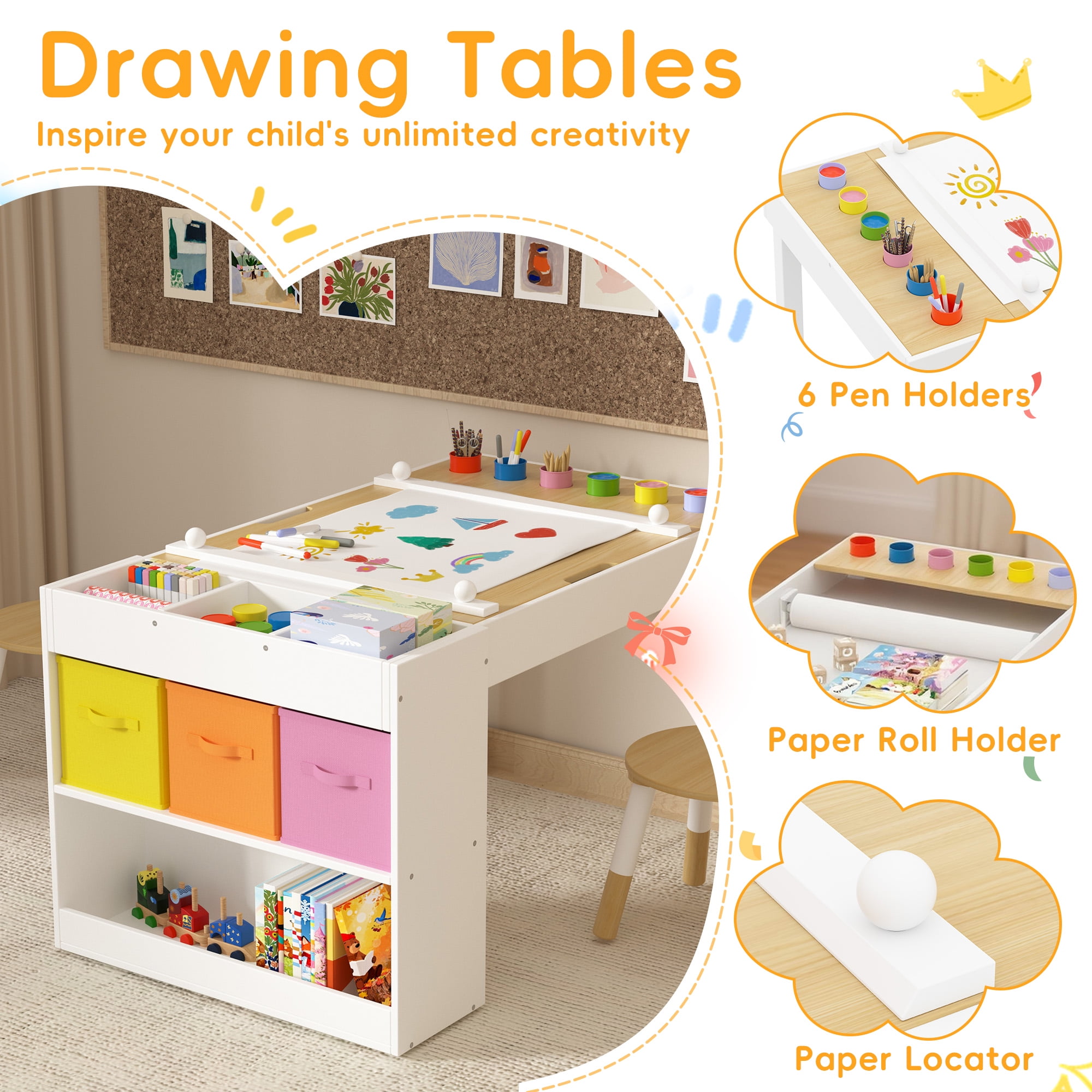Reasea Kids Art Table with 2 Chairs - Wooden Kids Activity Desk Set Includes Baseplates, Paper Roll & Storage | 39" x 23" Craft Table for Drawing, Building & Learning