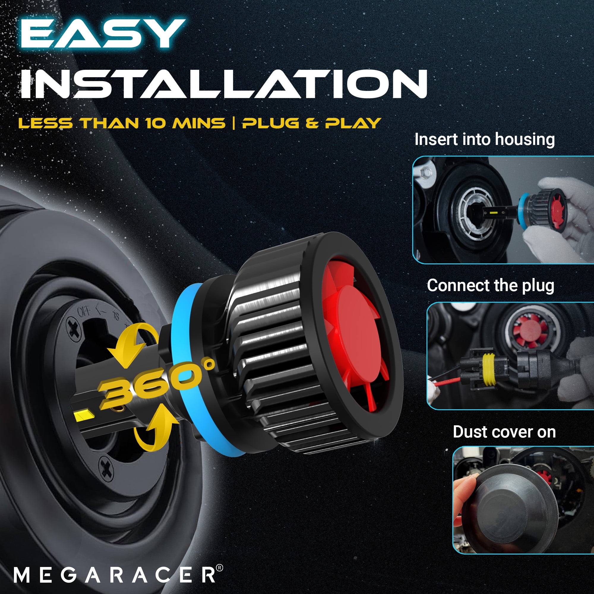 Mega Racer H11 9005 LED Headlight Bulb Combo 4 PACK - 6000K Bright White 12V 60W 16000LM - High & Low Beam Replacement Car Bulbs