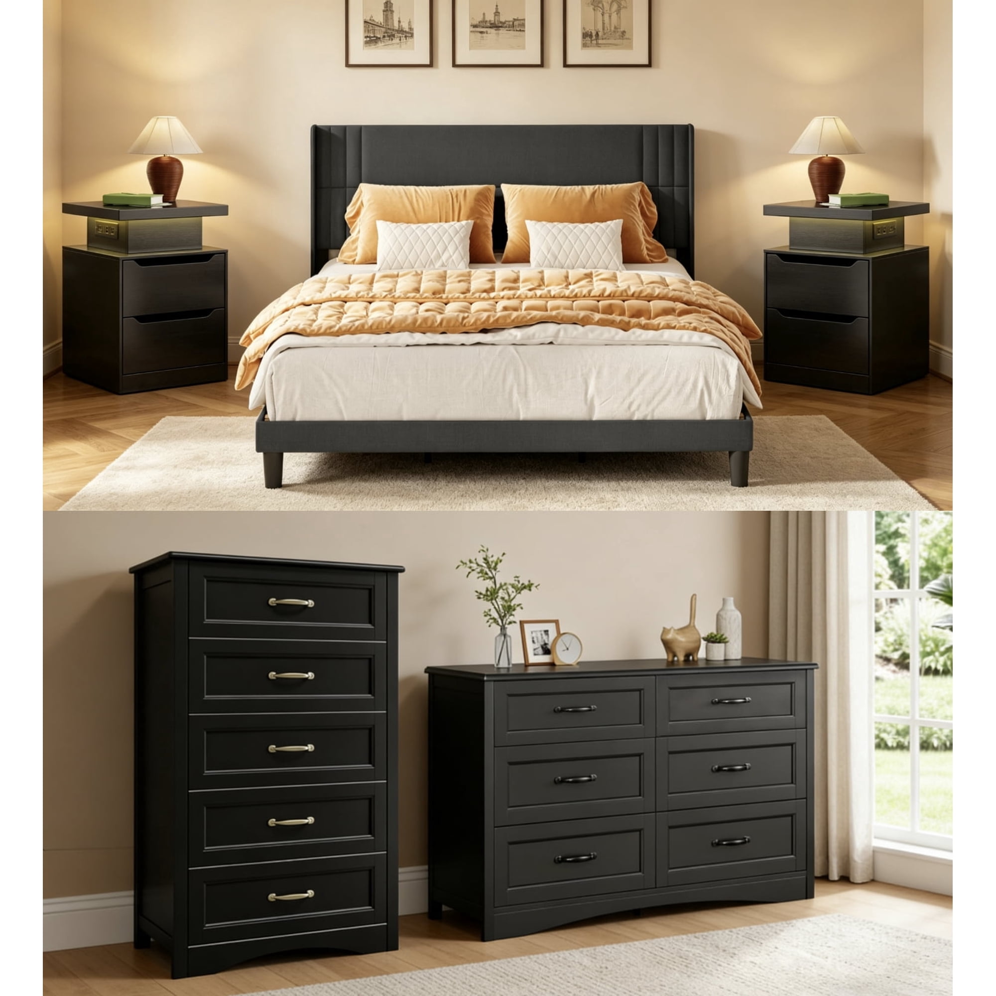 5 Pieces Kingsize Bedroom Furniture Set,Includes Kingsize Bed Frame,5-Drawers Dressers,6-Drawers Dressers,Nightstand Sets with Mental Handles for Bedroom,Black