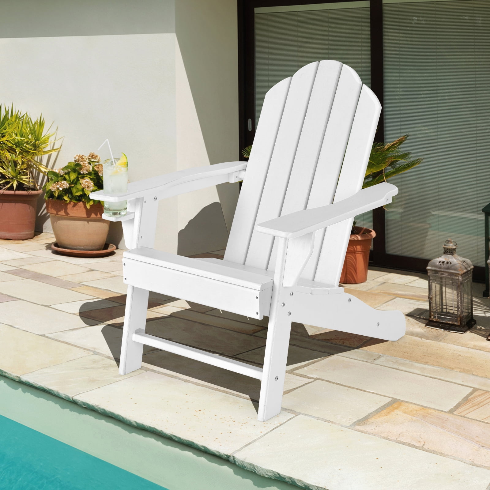 Patiojoy 2PCS Adirondack Chair Outdoor with Cup Holde Weather Resistant Lounger Chair for Backyard Garden Patio and Deck White
