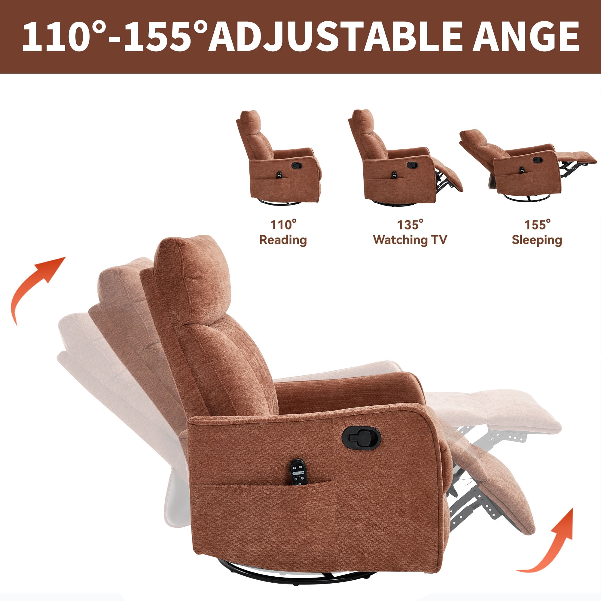 MAYEERTY Chenille Swivel Rocker Recliner Chair, Manual 155° Recline Glider Chair with 8-Point Vibration Massage & Lumbar Heat, for Living Room Nursery Home Office