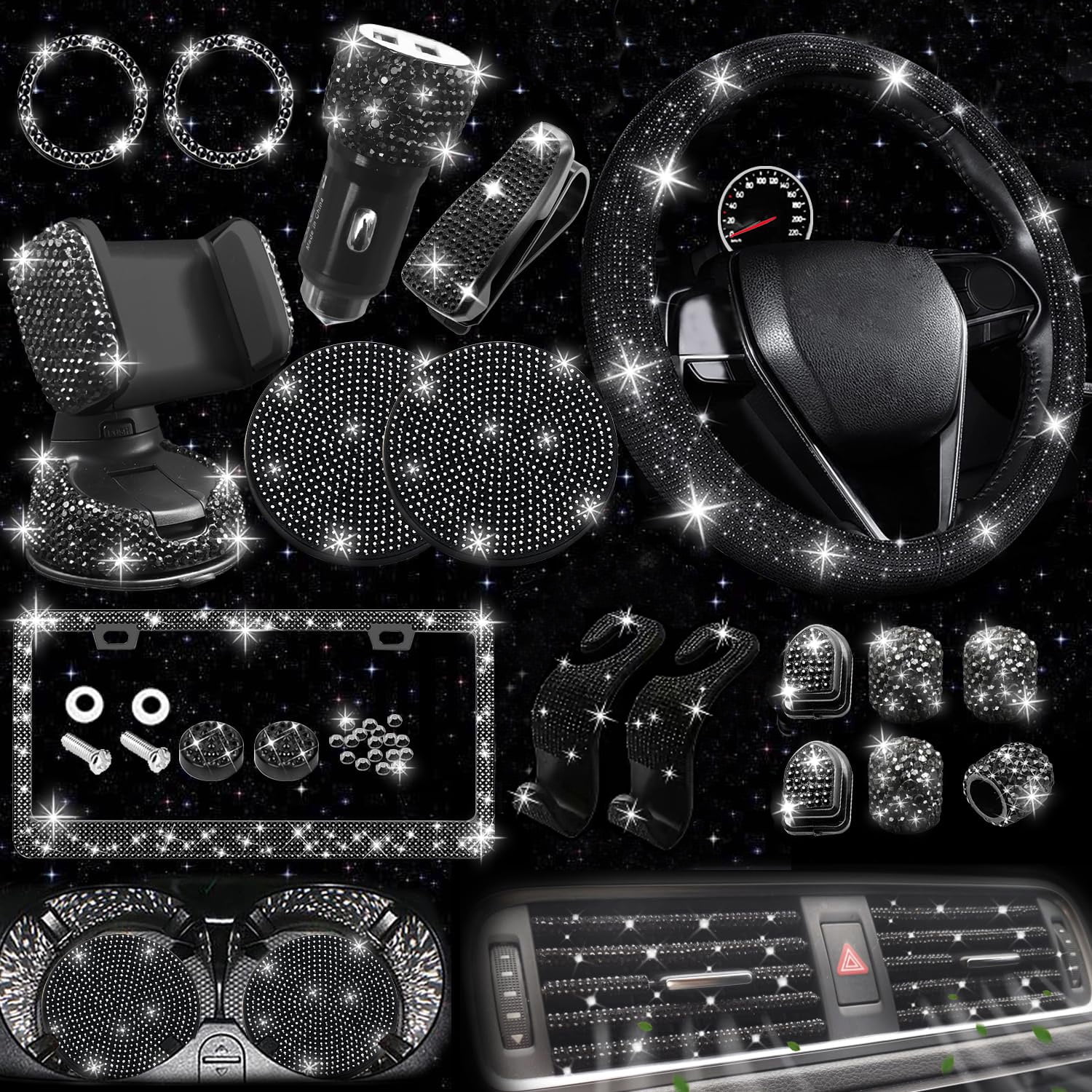 AIRKOUL 27 Pcs Bling Car Accessories Set for Women, 15 Inch Steering Wheel Covers, Universal Reinestone Vehicle Decorations, Black