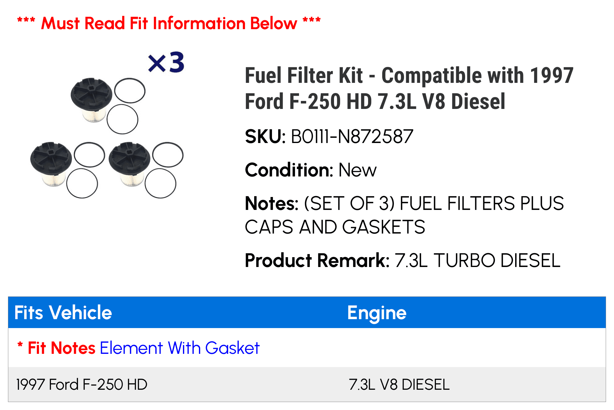 Fuel Filter Kit - Compatible with 1997 Ford F-250 HD 7.3L V8 Diesel