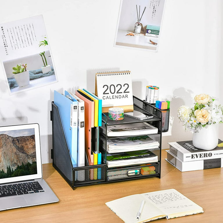 Marbrasse Desk Organizer with File Holder, 5-Tier Paper Letter Tray Organizer with Drawer and 2 Pen Holder, Mesh Desktop Organizer and Storage with Magazine