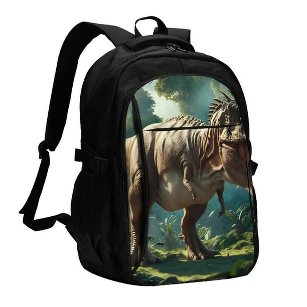 Balery Green Forest Dinosaur Mochila con carga USB para hombre y mujer - Mochila impermeable y antirrobo para laptop con puerto USB para viajes, trabajo