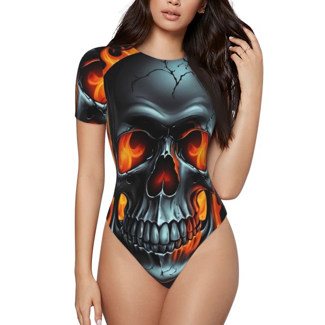 Balery Flame Metal Skull Body de cuello redondo de manga corta para mujer Tops de manga corta Tops básicos-Large