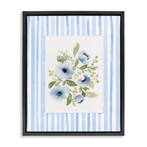 Stupell Industries French Country Flowers with Blue Stripes Black Floating Frame Canvas Art, 17 x 21, by Leah Noel Art