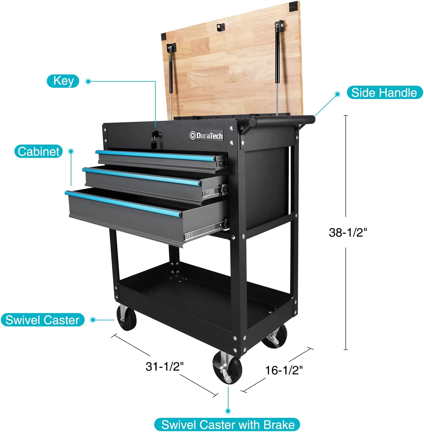 DURATECH 30-1/2 inch 3-Drawer Rolling Tool Cart, Heavy Duty Utility Industrial Service Cart Storage Organizer with Casters and Locking System, for Mechanics, Warehouse, Garage, 400 lbs Load Capacity